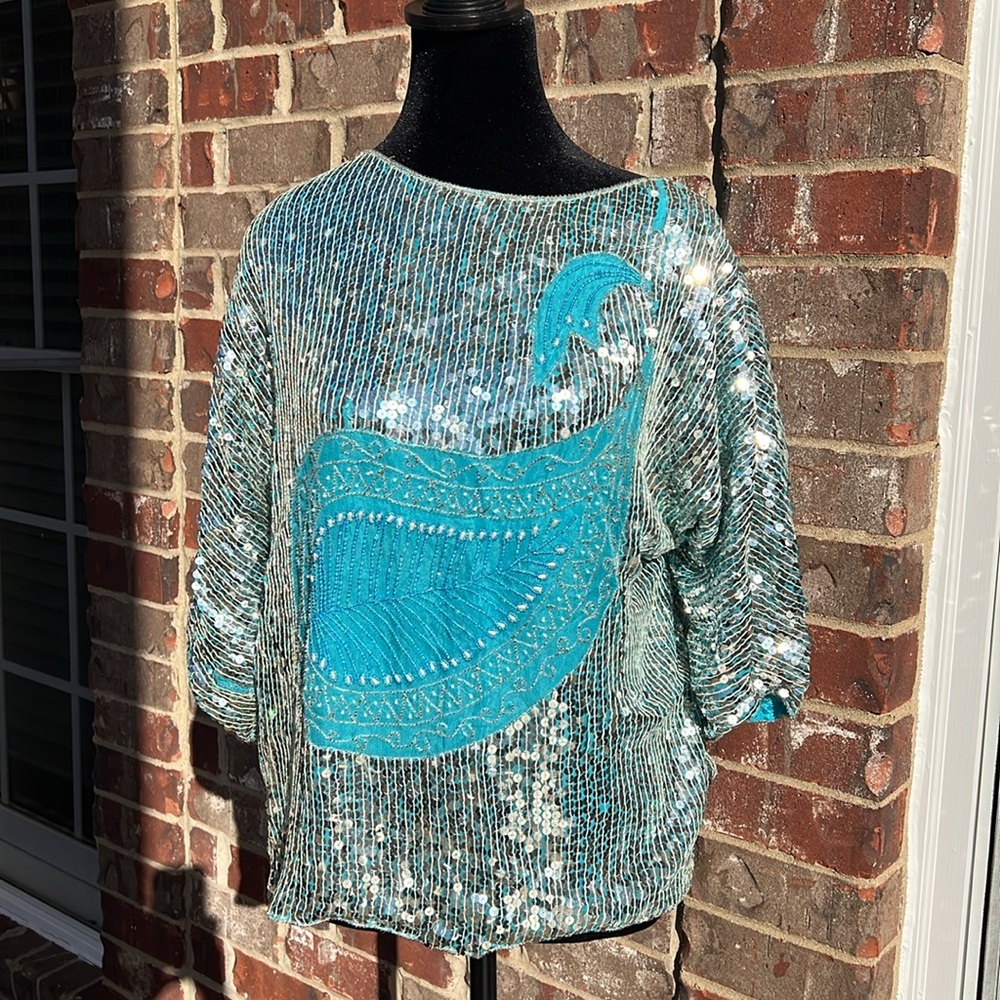 🪩 Vintage Silk & Sequin Top 🪩